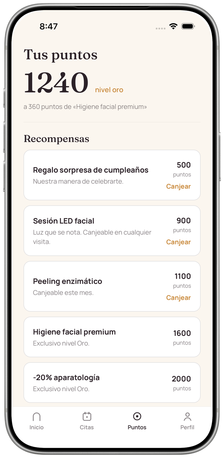 Pantalla de puntos y recompensas